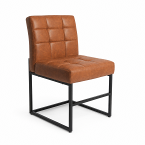 Brown Tufted Leather-Look Dining Chair with Black Metal Frame