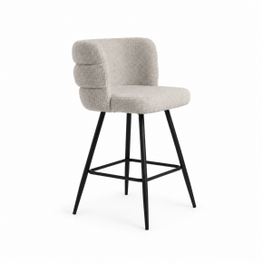 Cream Bouclé Counter Stool with Backrest & Black Metal Legs for Kitchen Island