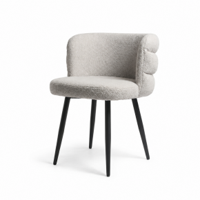 Light Gray Boucle Upholstered Dining Chair with Curved Barrel Back and Black Metal Legs